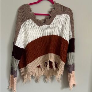 Brown and White V-Neck Sweater with Fringe